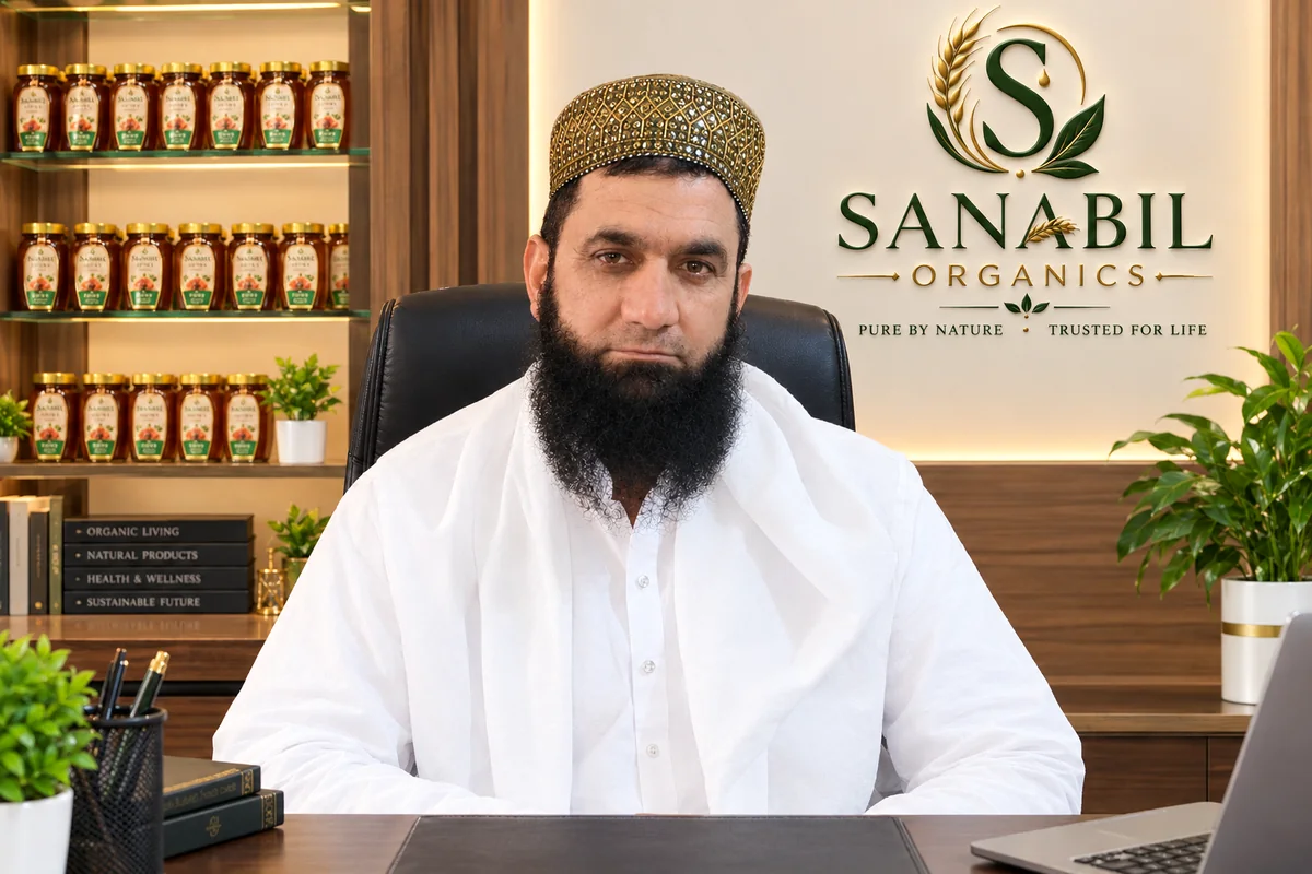 Muhammad Rafiq, founder of Sanabil Organics, in his office