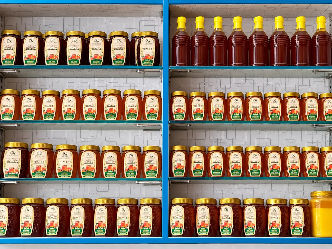 Honey shelves at the Sanabil Organics shop in Chichawatni